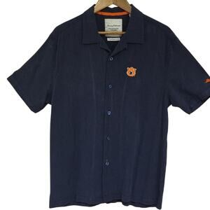 Tommy Bahama Men Sz L 100% Silk Blue  Embroidered Auburn University Camp Shirt